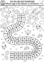 Easter black and white egg rolling race board game for children with cute bunny. Outline holiday dice boardgame with eggs. Traditional spring activity. Printable worksheet or coloring page vector