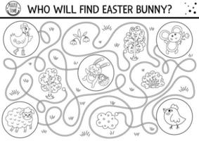 Easter black and white maze for children. Holiday preschool printable educational activity. Outline spring garden game or coloring page with cute animals. Who will find Easter bunny vector
