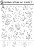 Easter black and white counting game with little birds. Outline spring math activity for preschool children. Simple printable worksheet with funny owl, chick, egg. How many nestlings hatched vector