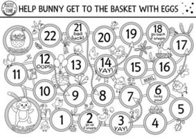 Easter black and white dice board game for children with cute bunny and basket with eggs. Outline holiday boardgame with traditional symbols. Spring activity. Printable coloring page vector