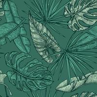 Tropical leaves seamless pattern on green background. Vintage foliage exotic in engraving style. vector