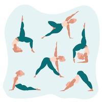 Yoga poses set. Woman practicing meditation and stretching. Healthy lifestyle concept. Flat cartoon vector illustration.