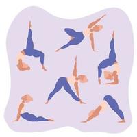 conjunto de posturas de yoga. mujer practicando meditación y estiramiento. concepto de estilo de vida saludable. ilustración vectorial de dibujos animados plana. vector