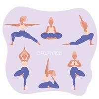 Yoga poses set. Woman practicing meditation and stretching. Healthy lifestyle concept. Flat cartoon vector illustration.