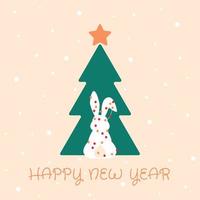 Happy new year greeting card, poster, with cute, sweet bunny silhouette on christmas tree background vector