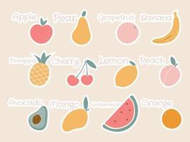 Abstract fruit shapes art print elements. Minimalist apple, pear, grapefruit, lemon, pineapple, cherry, mango, peach, banana, avocado, watermelon, orange vector illustration.