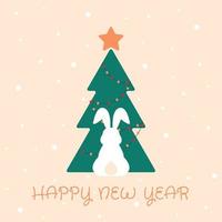 tarjeta de felicitación de feliz año nuevo, afiche, con una linda y dulce silueta de conejito en el fondo del árbol de Navidad vector