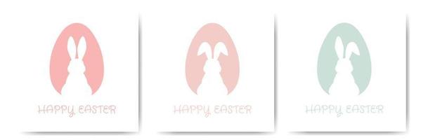 Set Happy Easter card with egg and bunny silhouette in pastel colors. Cute greeting card or poster. Vector illustration in a flat minimalist style.