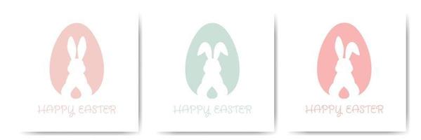 Set Happy Easter card with egg and bunny silhouette in pastel colors. Cute greeting card or poster. Vector illustration in a flat minimalist style.