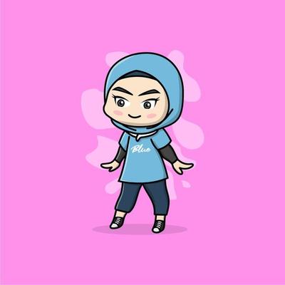 cute cartoon of Muslim girl in blue hijabs