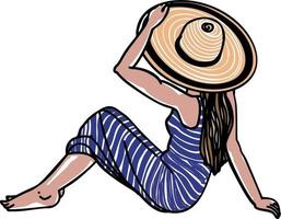 ilustración de verano con una silueta de chica en traje de baño en la playa. vector