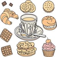 Top view of breakfast food and drinks vector