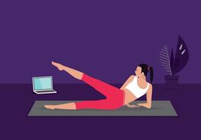 Home fitness workout class live streaming online. Woman doing training cardio aerobic exercises watching videos on a laptop in the living room at home. vector