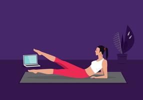 Home fitness workout class live streaming online. Woman doing training cardio aerobic exercises watching videos on a laptop in the living room at home. vector