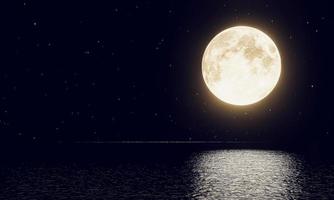 luna llena reflejada en la superficie del mar o del océano. la noche del día lunar 15 o el festival del medio otoño las estrellas llenan el cielo. super luna amarillo dorado hermosa naturaleza. representación 3d foto