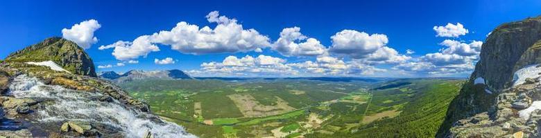 Hydalen panorama view from top of Hydnefossen waterfall Norway Hemsedal. photo