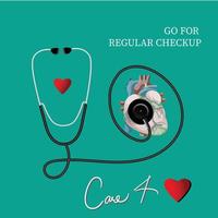 Go for Regular Check Up Banner for medical promotions with stethoscope, heart with calligraphy writing cure four heart as cure 4 heart symbol for banner, social media, presentation and doctor refer.