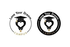 graduado toga sombrero lápiz amor corazón para educación universidad campus académico logo vector