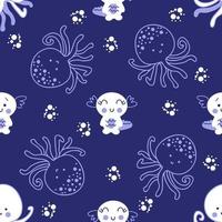 Dark seamless pattern with octopus and axolotls in the ocean. vector