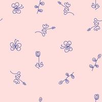 Single line drawn seamless pattern with flowers and butterflies. vector