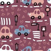 Romantic valentine seamless pattern with cars and hearts. vector