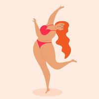 mujer de talla grande en traje de baño bailando. cuerpo positivo, aceptación, fitness, concepto deportivo. vector