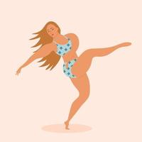 Plus size woman in swimsuit is dancing. Body positive, acceptance, feminism, fitness, sport concept. vector
