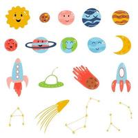 Space elements in cartoon flat childish style. Vector illustration of planets, rocket, meteorite, constellation on white background for baby apparel, textile and product design, wallpaper