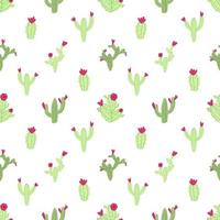 Vector seamless cactus pattern on white background. Cute childish illustration in cartoon flat style with colorful cacti and flowers