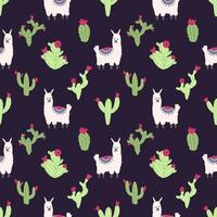 Lama alpaca seamless pattern with cactus. Vector illustration of nursery characters in cartoon hand drawn doodle childish style for baby apparel, textile and product design, wallpaper