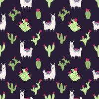 Lama alpaca seamless pattern with cactus. Vector illustration of nursery characters in cartoon hand drawn doodle childish style for baby apparel, textile and product design, wallpaper