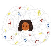 Upset black child with invisible disease dyslexia. Concept of dyslexic girl in the chaos of letters in cartoon style vector