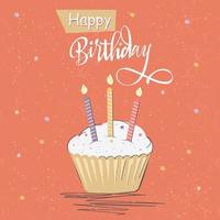 tarjeta de feliz cumpleaños e invitación de fiesta con pastel y velas en estilo vintage