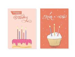 juego de tarjeta de feliz cumpleaños e invitación de fiesta con pastel y velas en estilo vintage vector