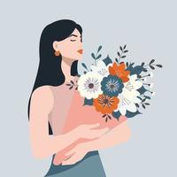 A beautiful woman with black hair holds a bouquet of spring flowers. Vector concept of pastel colors for Mother's Day, Valentine's Day, Women's Day on March 8.