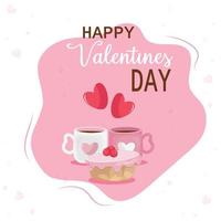 Valentine's Day card. Illustration of two pink mugs with cake.