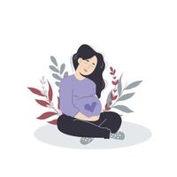 Cute pregnant woman with long hair. The concept of pregnancy, motherhood, family. Flat design with copy space. Happy mum. vector