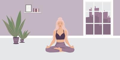 Young woman sits with cross-legged on the floor and meditates with closed eyes. Girl makes morning yoga, relaxes at home or breathing exercises. Body positive and health care concept. Vector