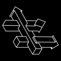 Impossible shapes. Sacred geometry. Optical illusion. Abstract eternal geometric object. Impossible endless outline arrows. Optical art. Impossible geometry symbol on a black background. Line art. vector
