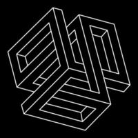 Impossible shapes. Sacred geometry. Optical illusion figures. Abstract eternal geometric object. Impossible endless outline. Line art. Optical art. Impossible geometry shape on a black background. vector