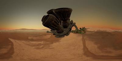 VR360 old rusted alien spaceship in desert. ufo video