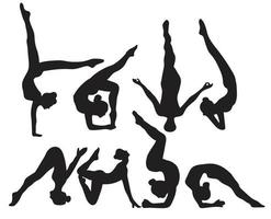siluetas niña practicando yoga ejercicios de estiramiento dibujo y boceto a mano alzada vector