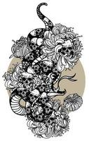 Tattoo art snake and skull pattern drawing and sketch black and white vector