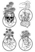 tattoo art human organs flat flower set sketch black and white vector
