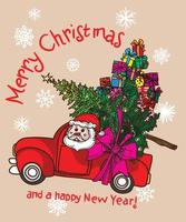 Happy christmas santa in car and christmas tree gift box hand drawing vector