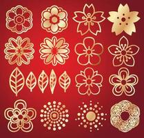 flowers gold set design hand drawing red background vector