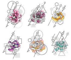 Tattoo flowers hand drawing sketch colors vector