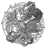 arte del tatuaje dragón china y serpiente tailandesa dibujo y boceto en blanco y negro vector