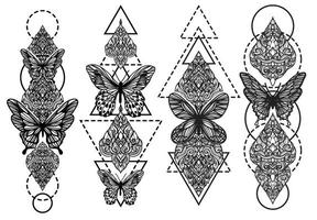conjunto de arte del tatuaje boceto de mariposa y flor en blanco y negro vector