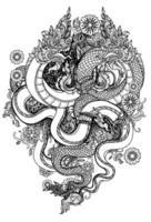Tattoo art thai dragon flower hand drawing and sketch